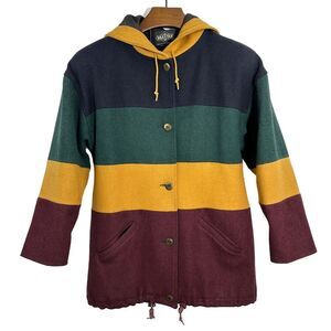Vintage Braetan Wool Hooded Coat Color Block Fully Lined Made in USA Size 8‎